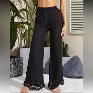 SHEIN Black Lace Trim Sheer Mesh Swim Beach Pool Cover Up Pants size M Medium